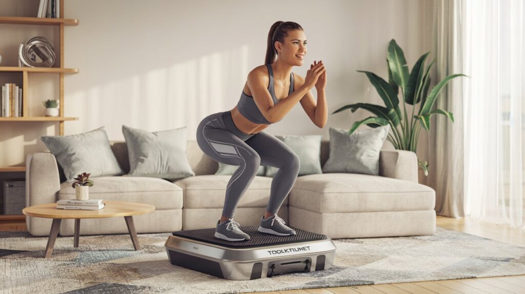 Une sportive toute souriante en plein exercice sur sa plateforme vibrante