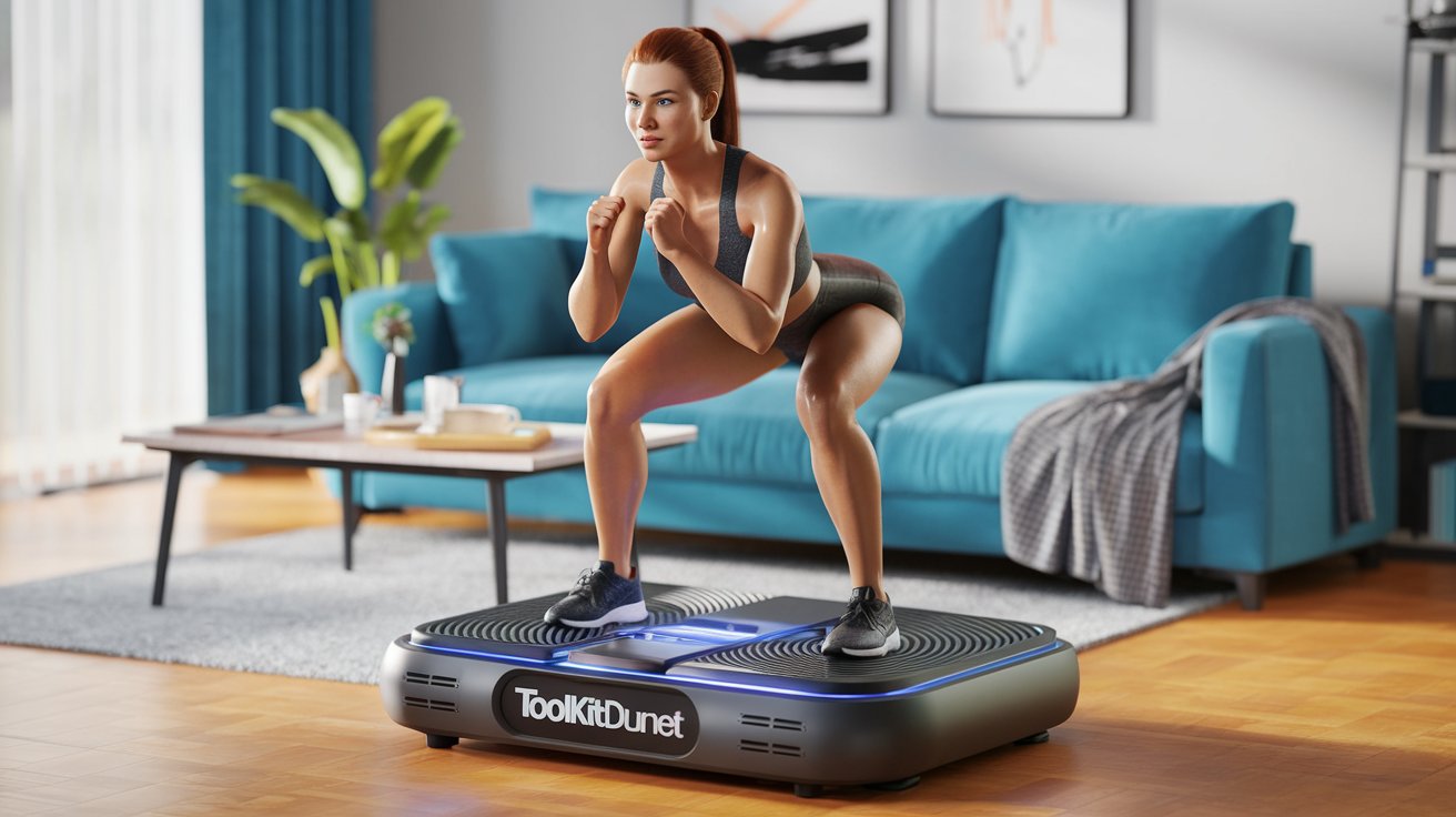 sportive déterminée faisant du squat sur une plateforme vibrante