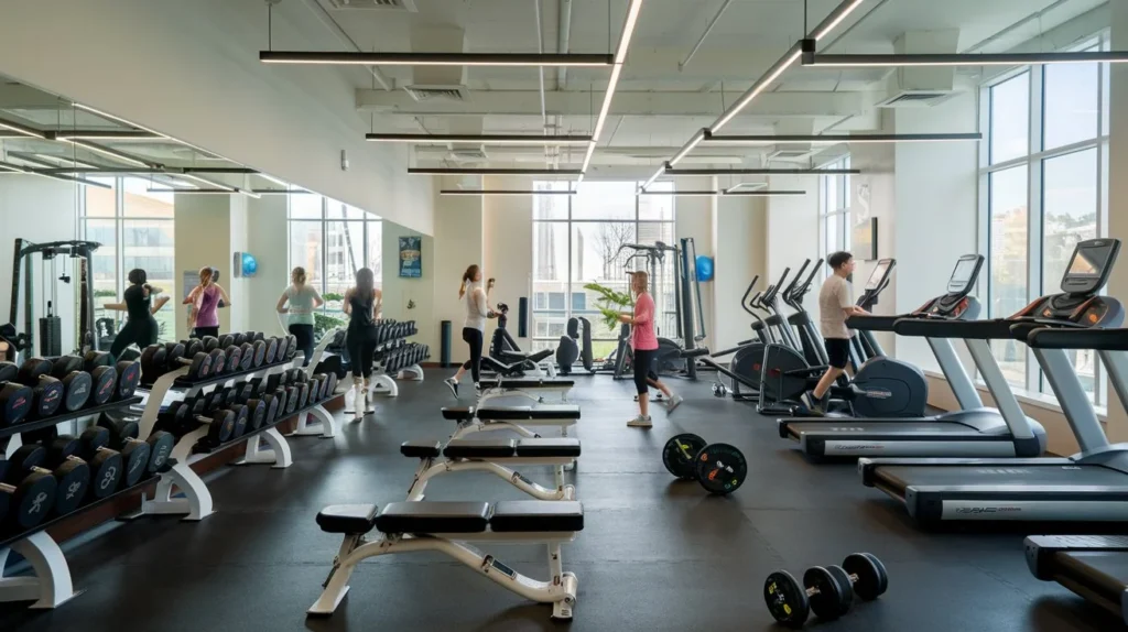 Vue d'ensemble d'une salle de sport avec divers équipements traditionnels