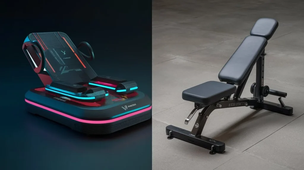 Photo côte à côte de plateformes vibrantes vs. équipements de fitness traditionnels : un banc de musculation