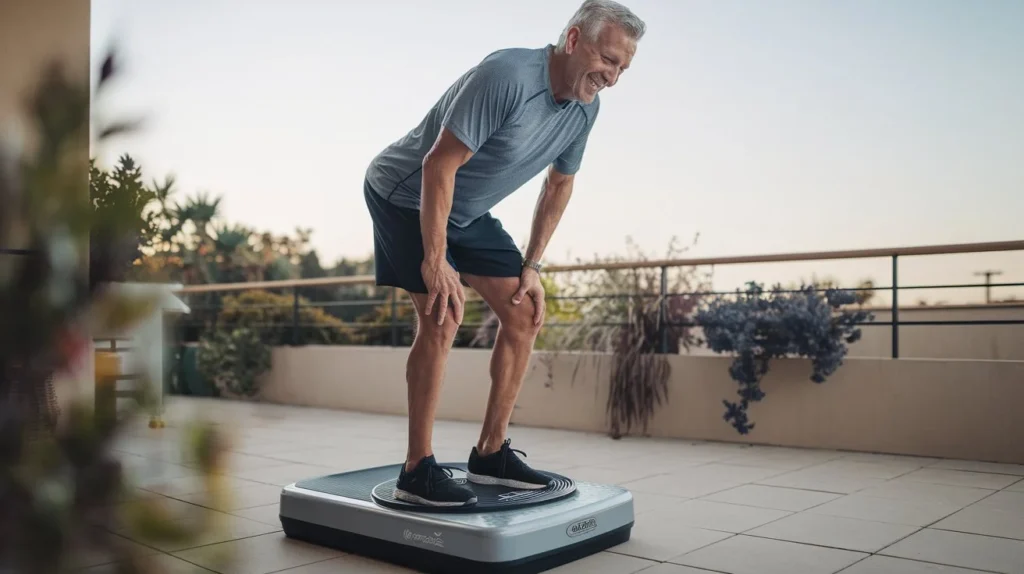 un senior venant de finir ses exercices de fitness sur une des plateformes vibrantes pour les seniors