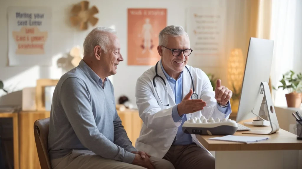 image d'un senior consultant son médecin à propos de l'utilisation d'une plateforme vibrante