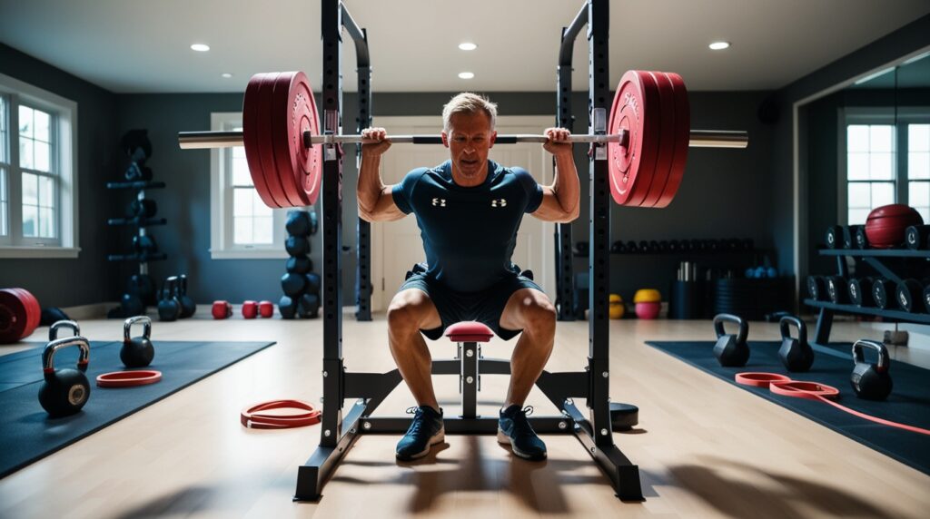 sportif déterminé s'entainant avec un rack de musculation