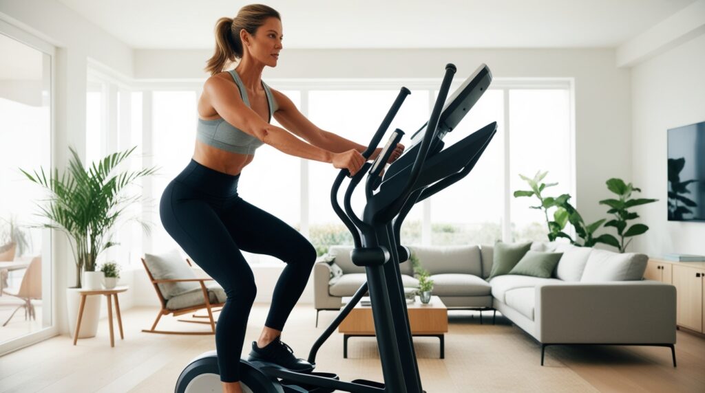 Sportive concentrée sur son entrainement avec un vélo elliptique