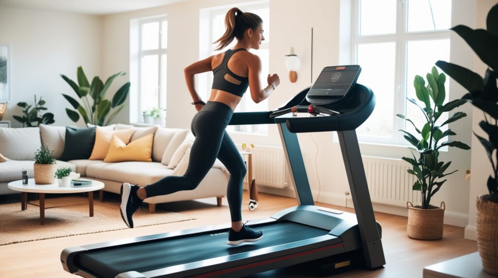 Personne faisant du sport sur un tapis de course moderne avec écran intégré