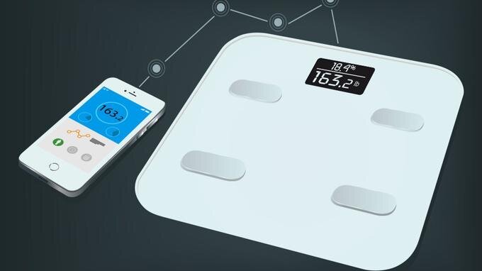 Infographie des fonctionnalités d'une balance connectée