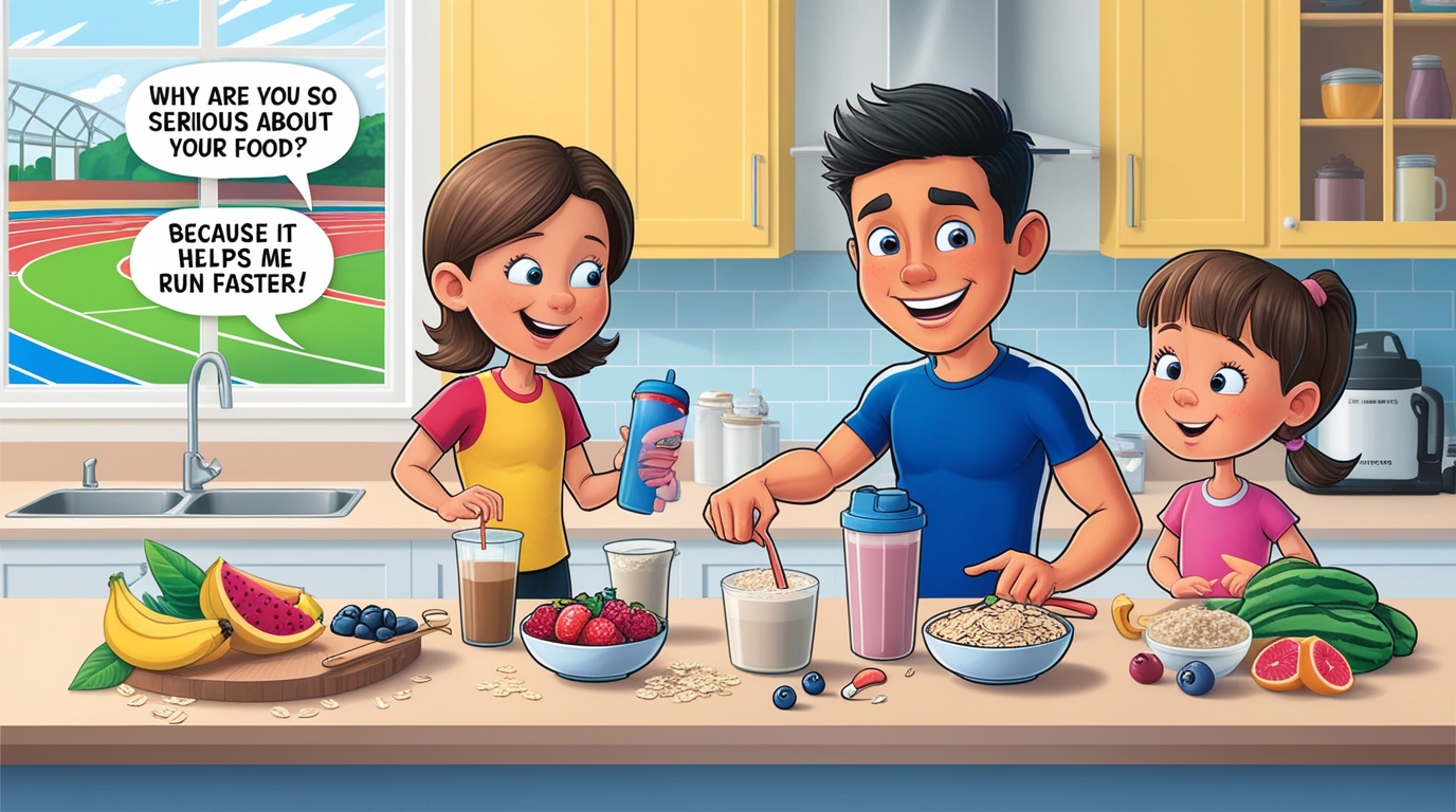 Image de conversion entre un sportif et ses jeunes soeurs qui leur explique qu'il contrôle sa nutrition parce qu'il veut améliorer ses performances de course