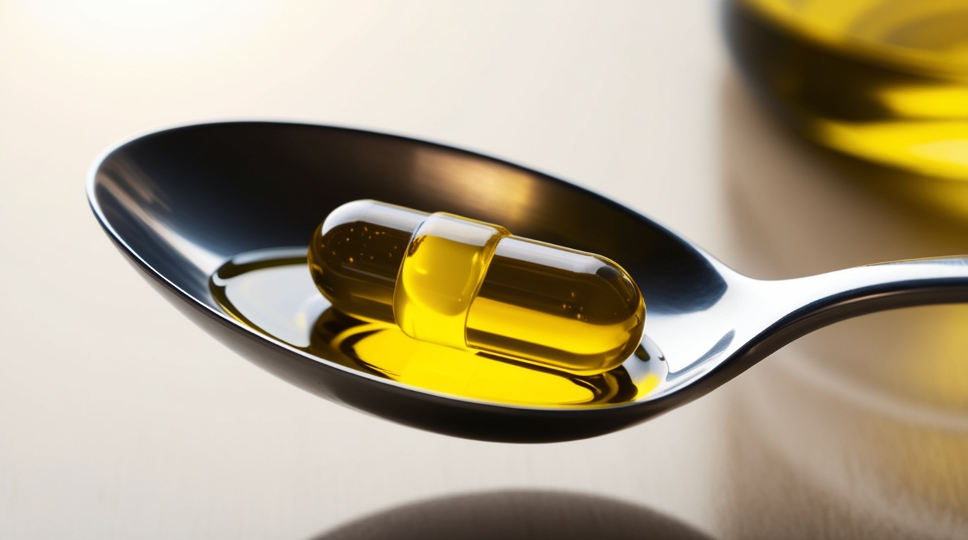 capsule de vitamine D sur une cuillère d’huile